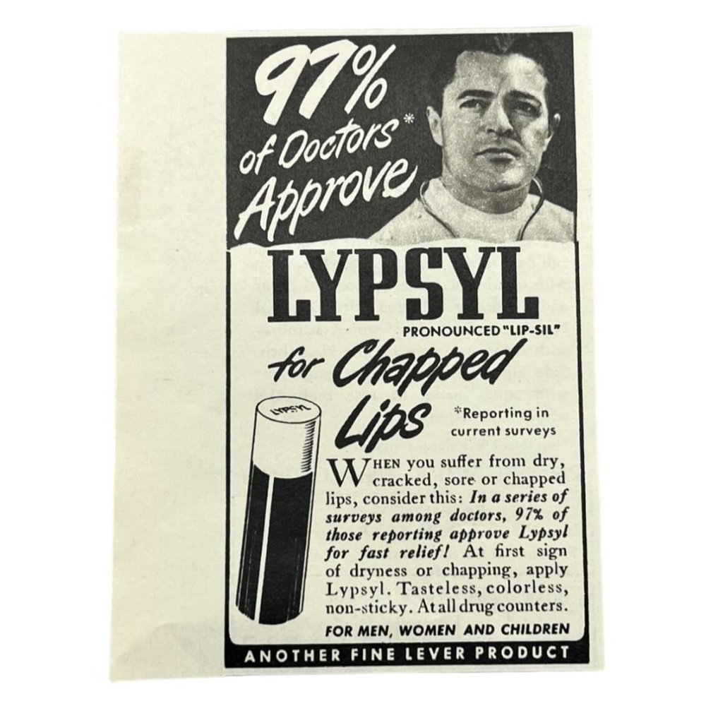 Vintage 1948 Lypsyl Chapstick Print Ad For Chapped Lips 97% of Doctors Approve
